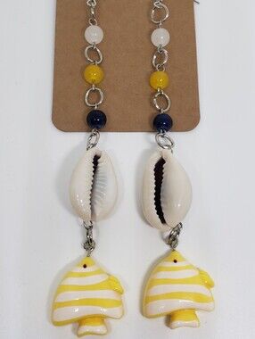 Handmade Long Yellow White Shell Beaded Glass Tropical Fish Dangle Earrings